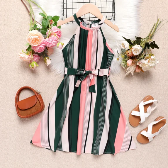 PatPat Girls Summer Dresses Kids Stripe Belted Halter Neck Cold Shoulder Casual A-line Dress, Green, 9-10 Years