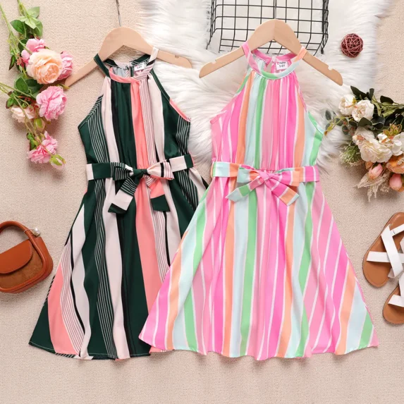 PatPat Girls Summer Dresses Kids Stripe Belted Halter Neck Cold Shoulder Casual A-line Dress, Pink, 9-10 Years