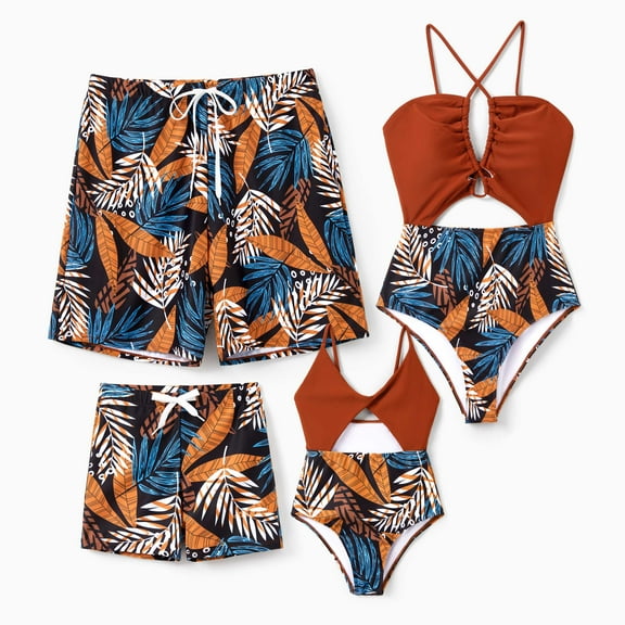PatPat Girls Swimsuit Family Matching Swimwear Tropical Leaf Print Cutout Criss Cross Wetsuit One-Piece Bathing Suit,2-9Y