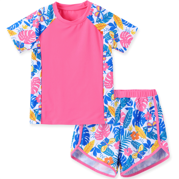 PatPat Girls Swimsuit Short Sleeve Rash Guard Floral Print Two Piece Swimwear Set for Kids Sizes 5-12Y