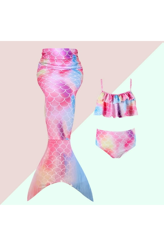 Girls Swimsuits 3Pcs Mermaid Bikinis Set Bathing Suits Mermaid Tails Costume Size 5-12
