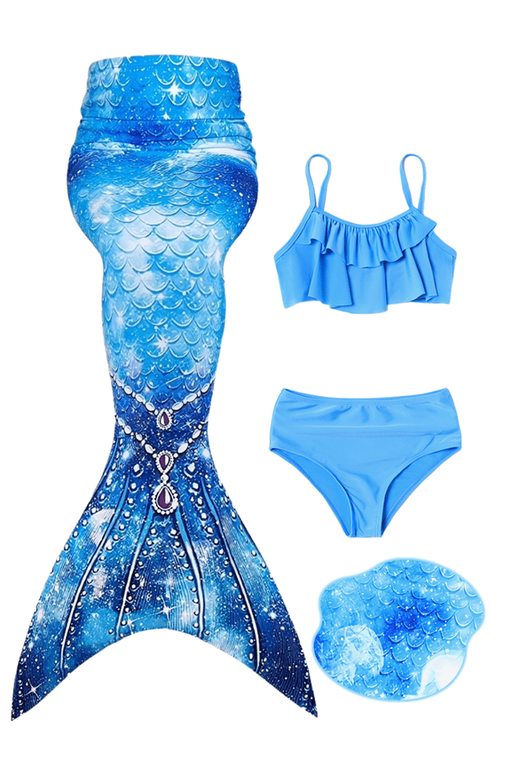 Girls Swimsuits 3Pcs Mermaid Bikinis Set Bathing Suits Mermaid Tails Costume Size 5-12