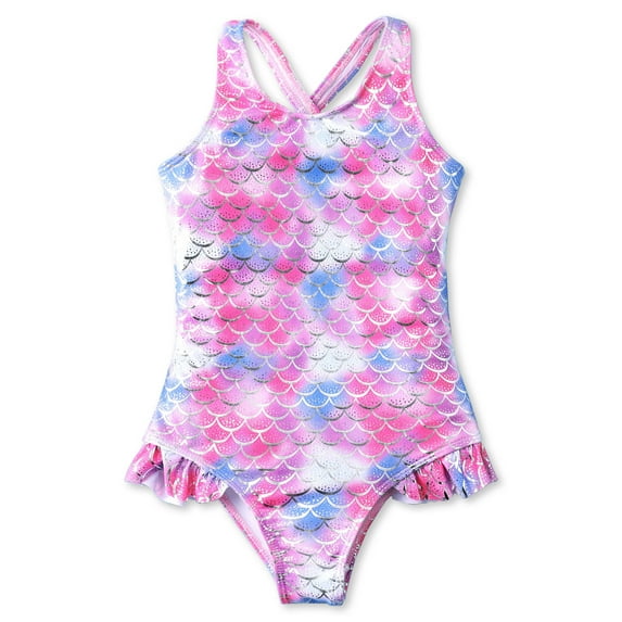 PatPat Girls Tankinis Fish Scale Graphic Crossover Straps Ruffled One Piece Bathing Suit Sizes 5-12