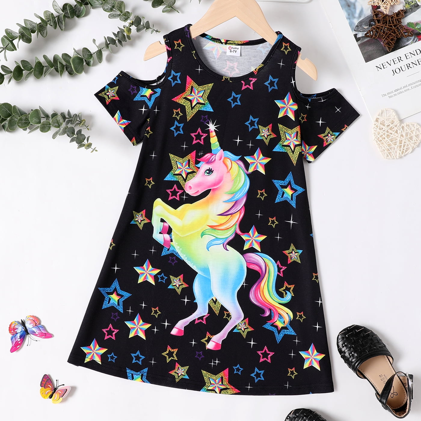 PatPat Girls Unicorn Clothes Stars Print Cold Shoulder Short Sleeve ...
