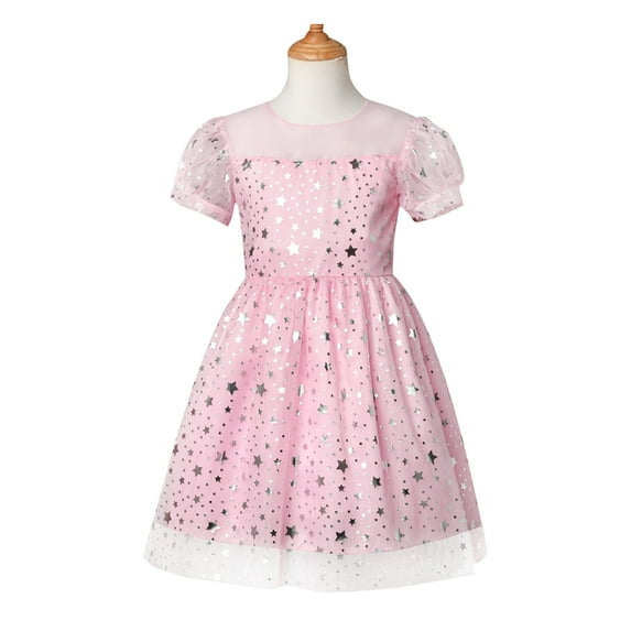 PatPat Girls Wedding Dress Bow Back Sequin Stars Mesh Princess Dresses Size 5-12