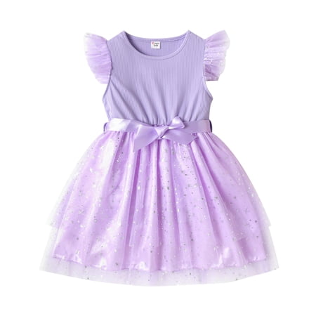 PatPat Girls Wedding Dress Ribbed Flutter Sleeve Mesh Dress Size 5-12