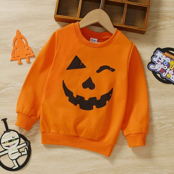 PatPat Halloween Clothes Toddler Boys Girls Sweatshirts Hoodies Pumpkin Face Kids Pullover Long Sleeve Graphic Tees, Orange, 5-6 Years