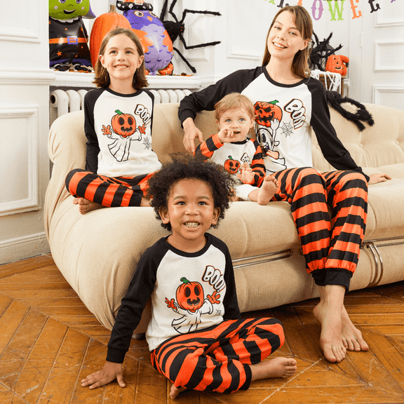 PatPat Halloween Pajamas for Toddler Kids Boys Girls Family Matching Sleepwear Long Sleeve Pumpkin Ghost Dinosaur Print Pajama Set Pumpkin Ghost & Letter Print Striped Pajamas Sets 8-9 Years