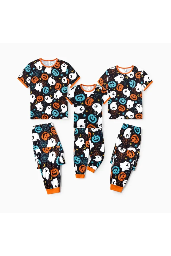 Halloween Pajamas Kids Girls Boys 2 Piece Pjs Sets Family Matching Ghost and Pumpkin Allover Print Short Sleeve Top & Pants Sleepwear, Black, 4-5 Years