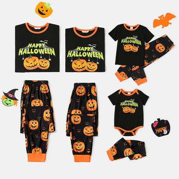 PatPat Halloween Pajamas Family Matching Pumpkin Print Short Sleeve Holiday Pj Sets for Women, Black, M