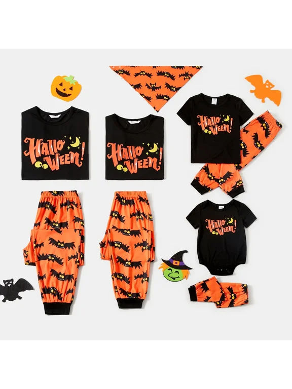 Halloween Pajamas Toddler Pj Family Matching Mommy & Me Letter & Bat Print Short Sleeve Pajamas Sets for Girls Boys, Black & Orange, 4-5 Years
