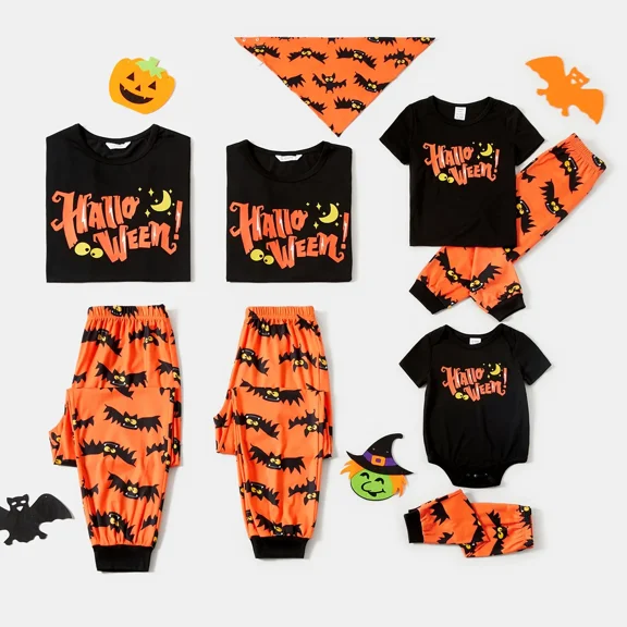PatPat Halloween Pajamas Family Matching Letter & Bat Print Short Sleeve Pajamas Sets for Pet, Black & Orange