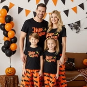PatPat Halloween Pajamas Women Holiday Pj Family Matching Letter & Bat Print Short Sleeve Loungewear Sets for Women, Black & Orange, S
