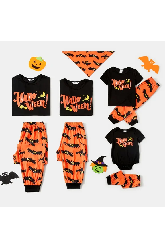 Halloween Pajamas Family Matching Holiday Pj Letter & Bat Print Short Sleeve Pajamas Sets for Women, Black & Orange, XL