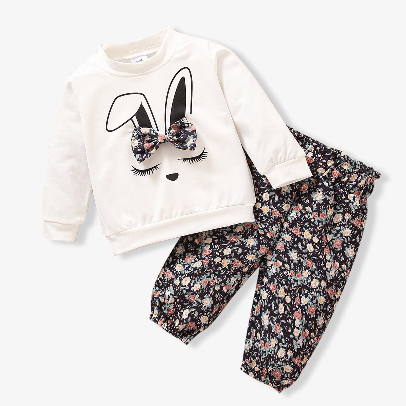 2pcs Baby Girl 100% Cotton Bow Front Pants and Boho Print Long-sleeve Top Set