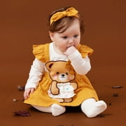 PatPat Infant Baby Girl Romper 100% Cotton Bear Long Sleeve & Headband Set, 6-9 Months