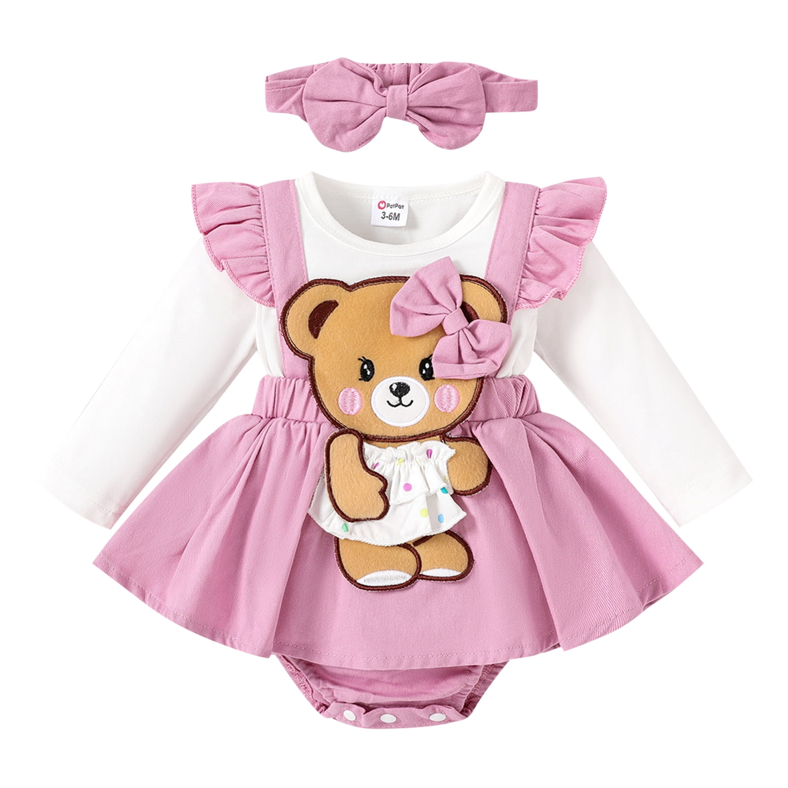 PatPat Infant Baby Girl Romper 100 Cotton Bear Long Sleeve & Headband