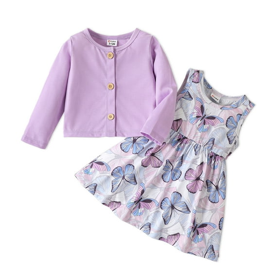 PatPat Infant Baby Girls 2pcs Cardigan and Dress Outfit Set,Long Sleeve Elegant Button Cotton Coat Sleeveless Round Neck Butterfly Midi Tank Dress 2pcs Toddler Girls Skirt,3-24Month