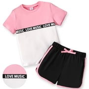 PatPat Kid Girl 2 Pieces Outfits Color Block Short Sleeve T-Shirt and Athletic Shorts Summer Set Sizes 5-12