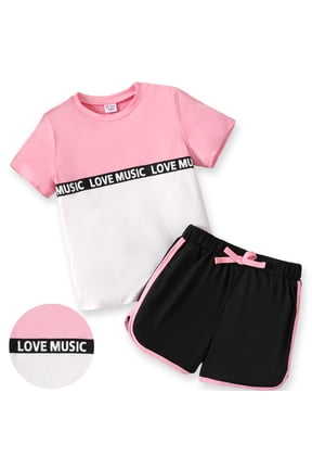 Kid Girl 2 Pieces Outfits Color Block Short Sleeve T-Shirt and Athletic Shorts Summer Set Sizes 5-12