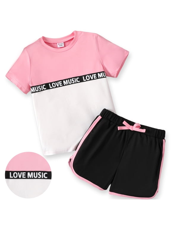 Kid Girl 2 Pieces Outfits Color Block Short Sleeve T-Shirt and Athletic Shorts Summer Set Sizes 5-12
