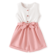 PatPat Kid Girl Button Design Sleeveless Belted Splice Romper Jumpsuit Shorts,Sizes 4Y-12Y,One Piece
