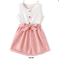 thumbnail image 1 of PatPat Kid Girl Button Design Sleeveless Belted Splice Romper Jumpsuit Shorts,Sizes 4Y-12Y,One Piece, 1 of 6