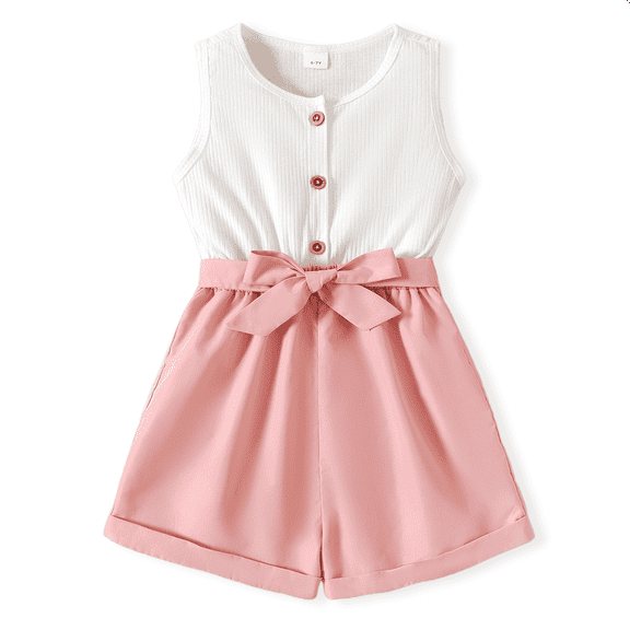 PatPat Kid Girl Button Design Sleeveless Belted Splice Romper Jumpsuit Shorts,Sizes 4Y-12Y,One Piece
