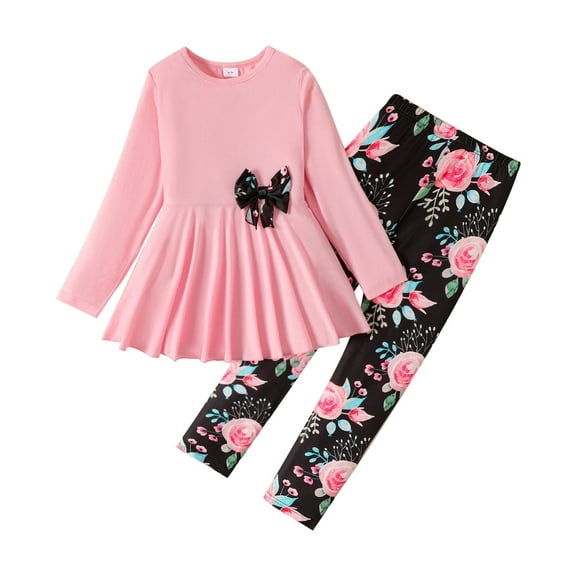 PatPat Kid Girl Clothes 2 Pieces Bowknot Long Sleeve Top Dress Floral Allover Pants Leggings Outfits Set Sizes 5-12