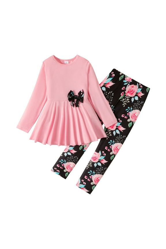Kid Girl Clothes 2 Pieces Bowknot Long Sleeve Top Dress Floral Allover Pants Leggings Outfits Set Sizes 5-12