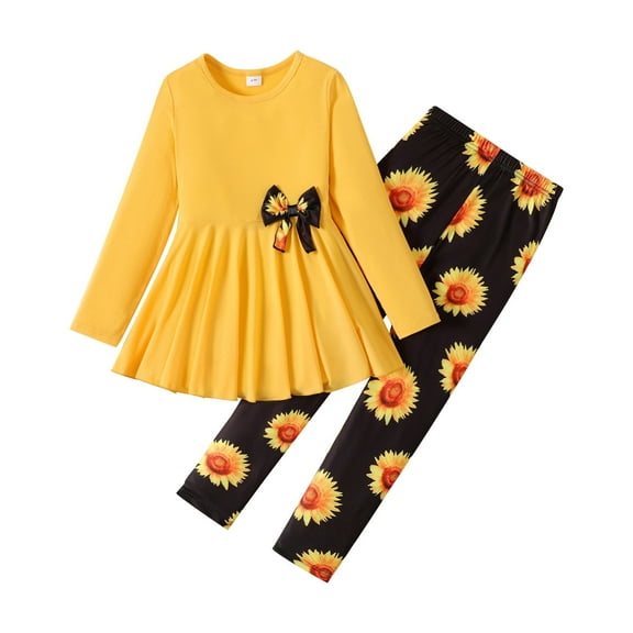 PatPat Kid Girl Clothes 2 Pieces Bowknot Long Sleeve Top Dress Floral Allover Pants Leggings Outfits Set Sizes 5-12