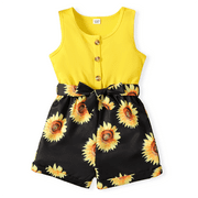 PatPat Kid Girl Floral Print Ribbed Splice Button Design Sleeveless Belted Rompers