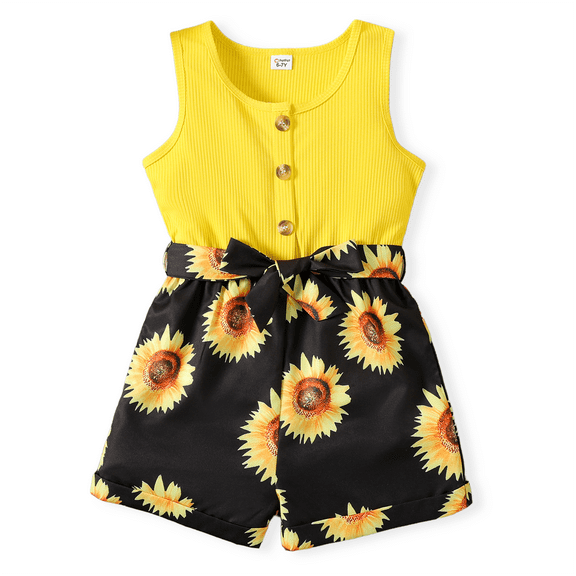 PatPat Kid Girl Floral Print Ribbed Splice Button Design Sleeveless Belted Rompers