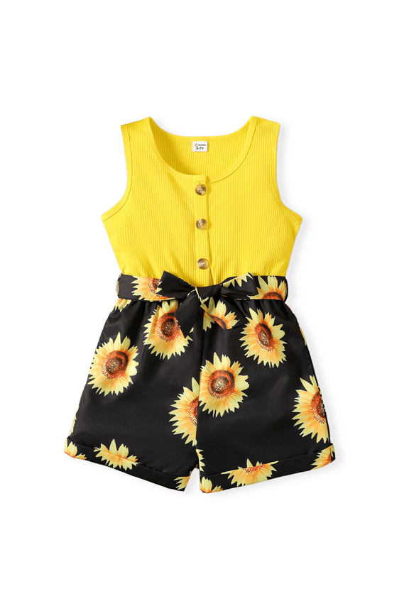 Kid Girl Floral Print Ribbed Splice Button Design Sleeveless Belted Rompers