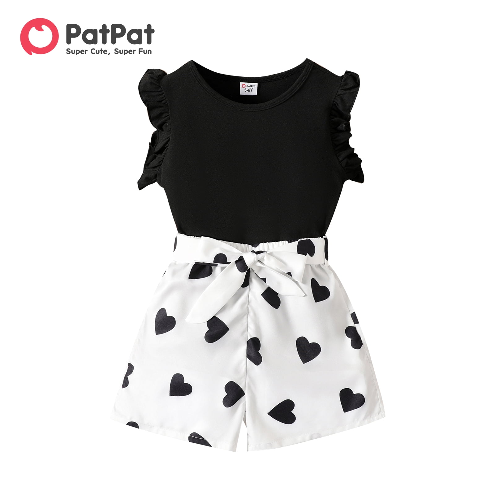 PatPat Kid Girl Fluttersleeve Top and Heart Print Belted Shorts Set 2