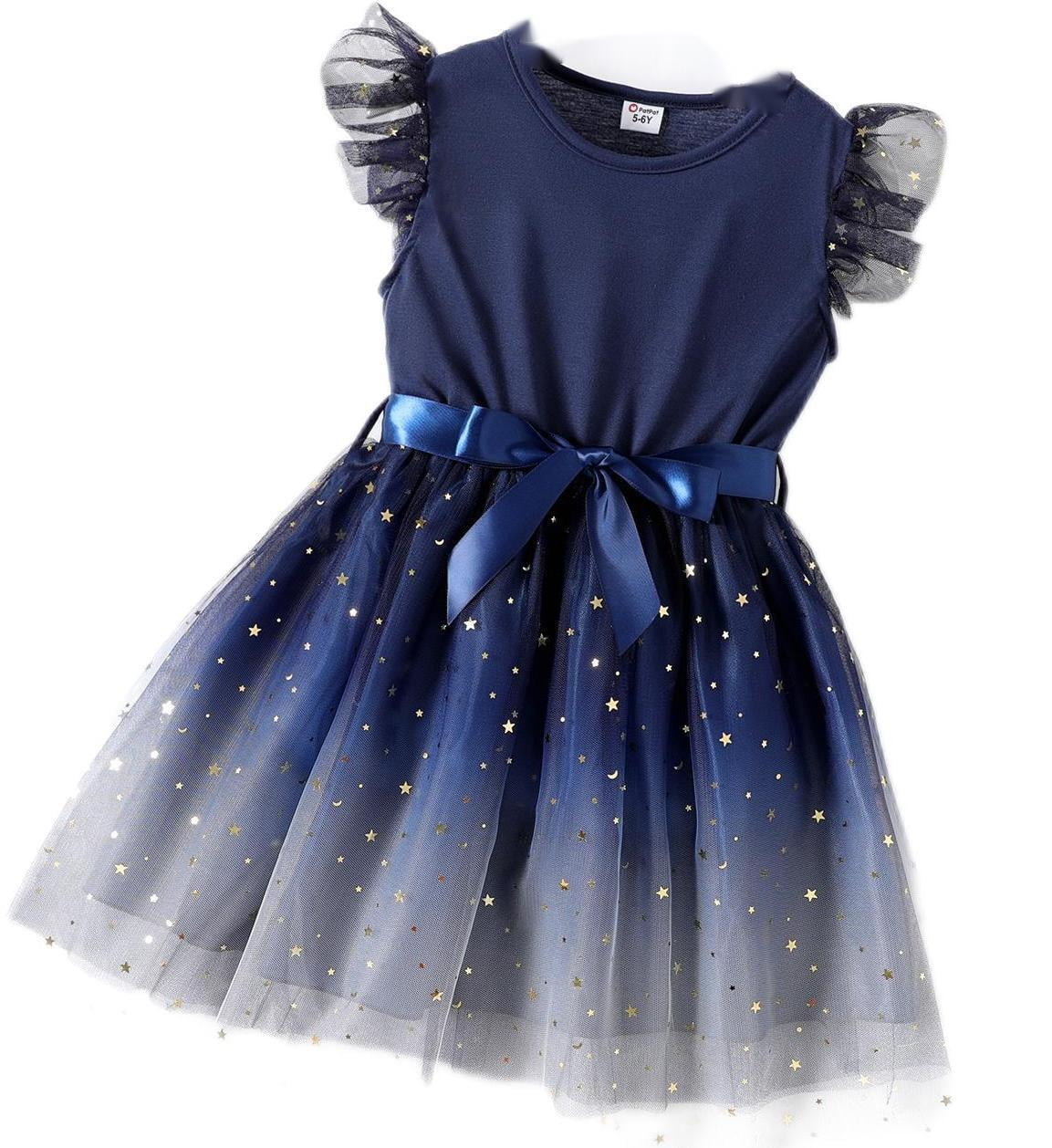 PatPat Kid Girl Glitter Dress Star Flutter-sleeve Belted Casual Tunic ...