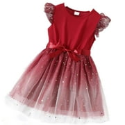 PatPat Kid Girl Glitter Dress Star Flutter-sleeve Belted Casual Tunic Playwear Basic Party Dresses