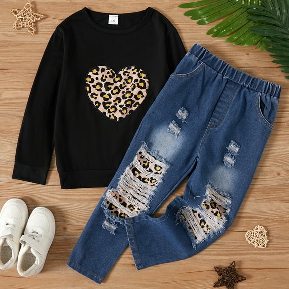PatPat Kid Girl Leopard Heart Print Black Pullover Sweatshirt and Patchwork Ripped Jeans Denim Pants Set for Girl,2-piece,Sizes 4Y-12Y