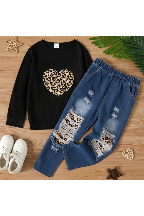 Kid Girl Leopard Heart Print Black Pullover Sweatshirt and Patchwork Ripped Jeans Denim Pants Set for Girl,2-piece,Sizes 4Y-12Y