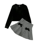 PatPat Kid Girl Long Sleeve T-Shirt and Houndstooth Skirt Set 2Pcs Outfit Set Size 5-12