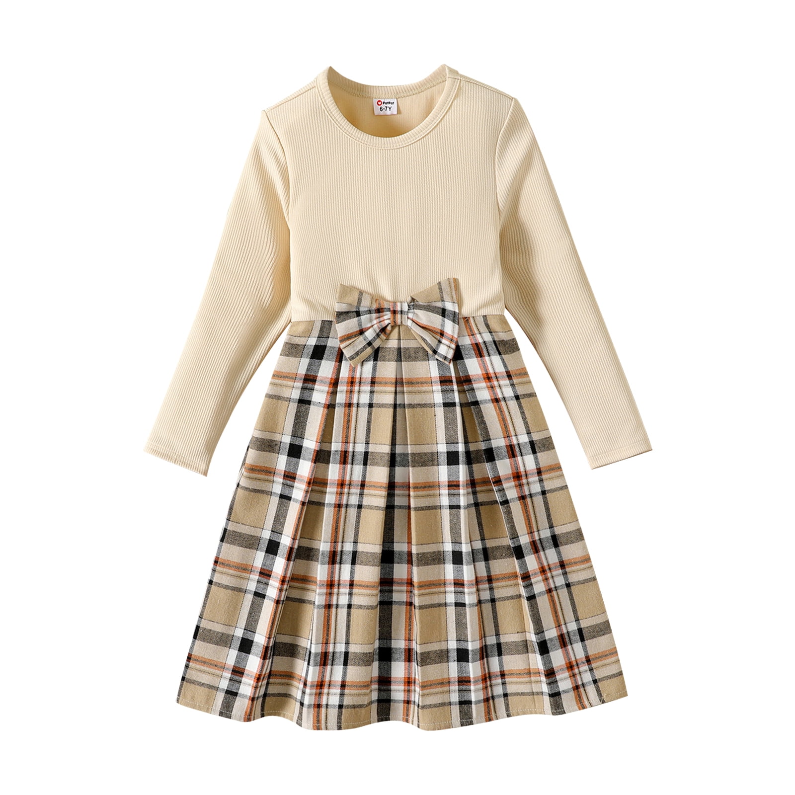 Kid Girl Bowknot Design Plaid Splice Long-sleeve Dress
