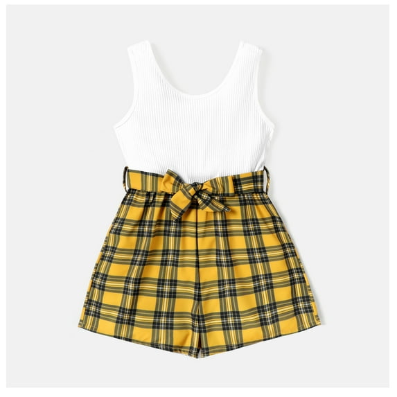 PatPat Kid Girl Plaid Splice Sleeveless Rompers & Belt