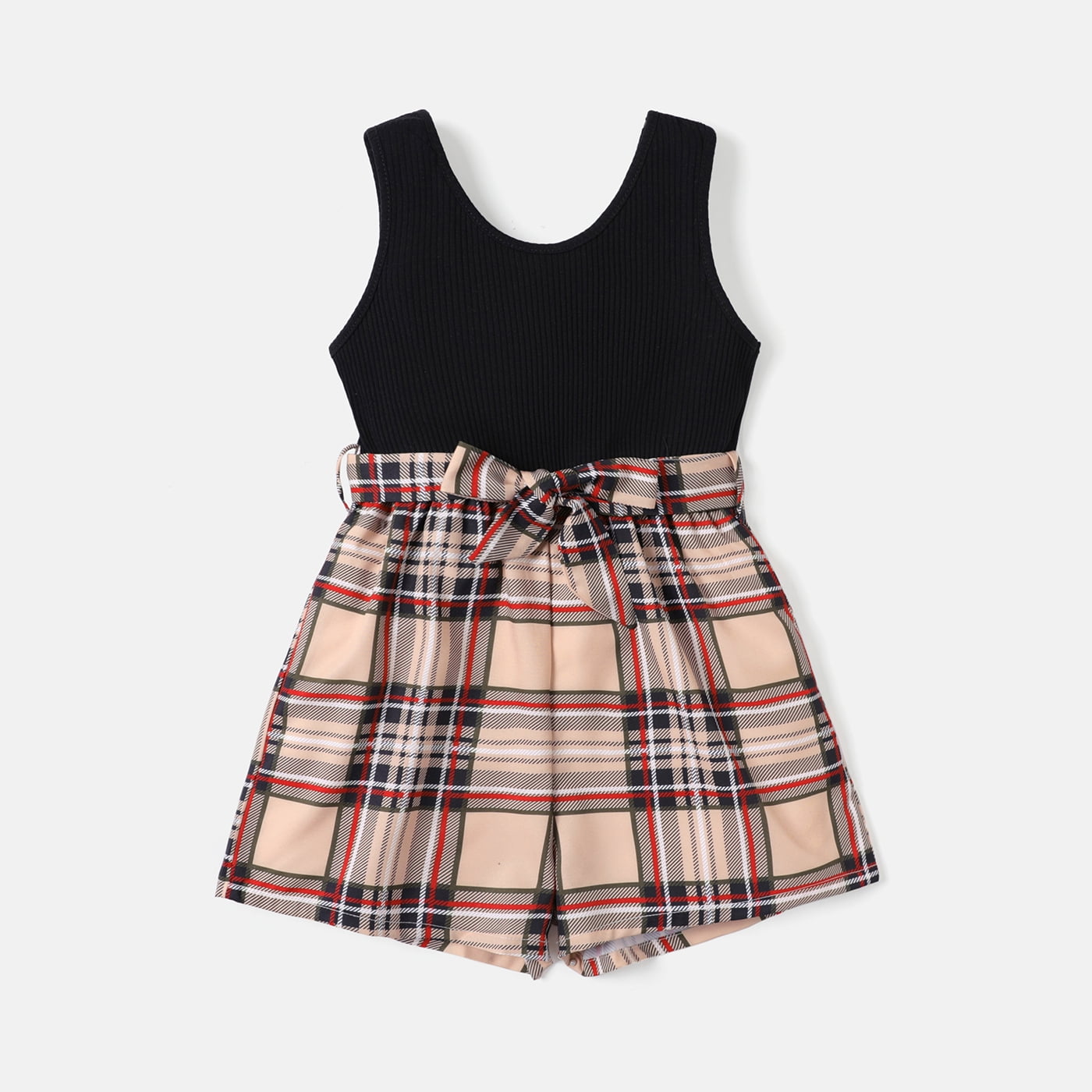 Kid Girl Button Design Plaid Splice Short-sleeve Belted Rompers