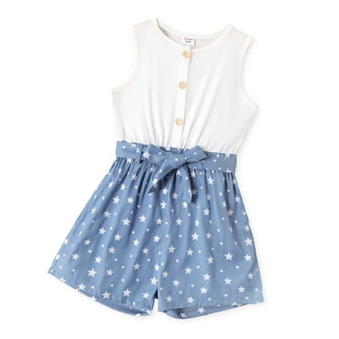 PatPat Kid Girl Star Print Button Design Denim Splice Belted Sleeveless Rompers