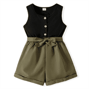 PatPat Kid Girl Summer Romper Bodysuit Button Design Sleeveless Belted Romper Jumpsuit Shorts Outfit