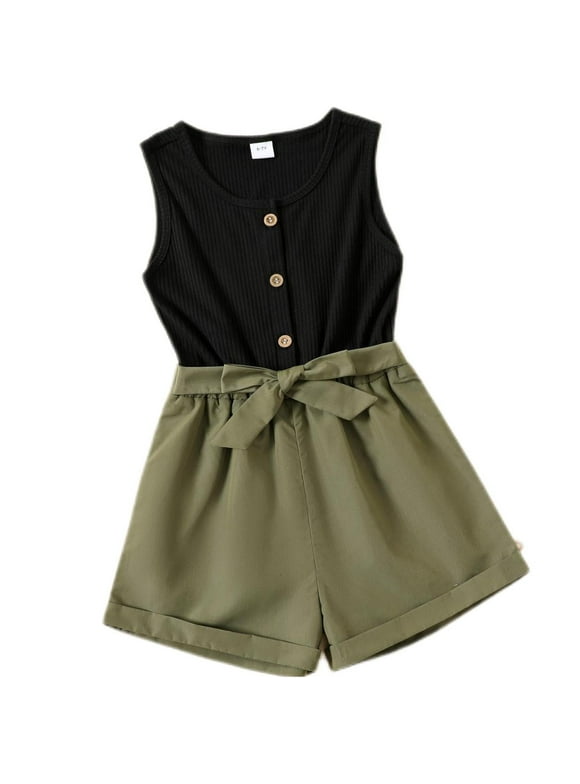 PatPat Kid Girl Summer Romper Bodysuit Button Design Sleeveless Belted Romper Jumpsuit Shorts Outfit