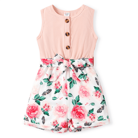 PatPat Kid Girl Summer Sleeveless Romper Floral Print Button Design Casual Jumpsuit