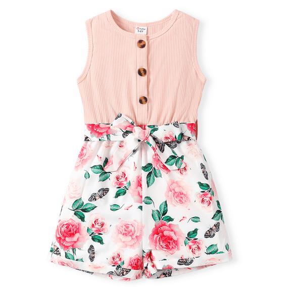 PatPat Kid Girl Summer Sleeveless Romper Floral Print Button Design Casual Jumpsuit