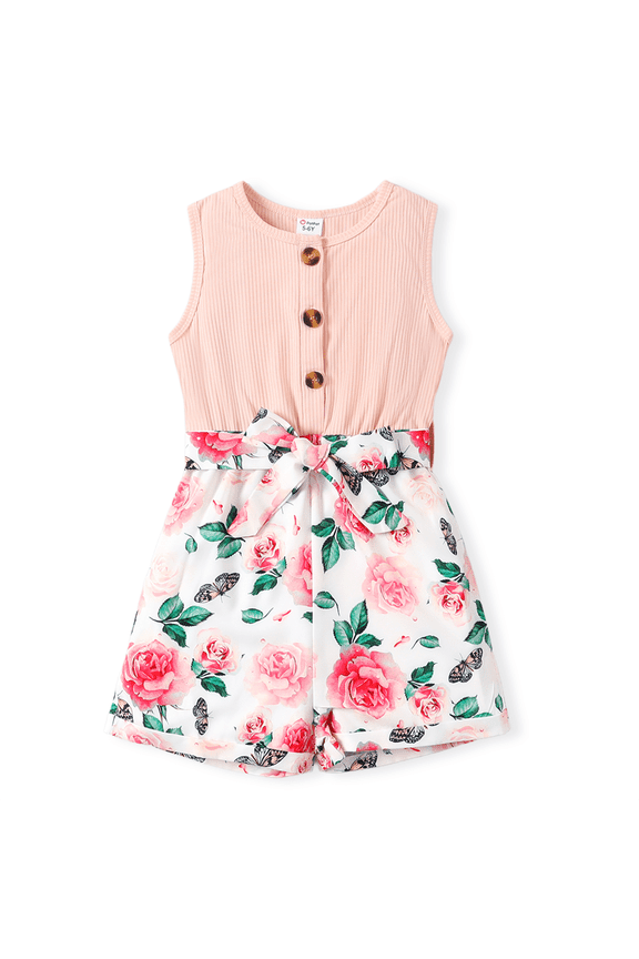 Kid Girl Summer Sleeveless Romper Floral Print Button Design Casual Jumpsuit