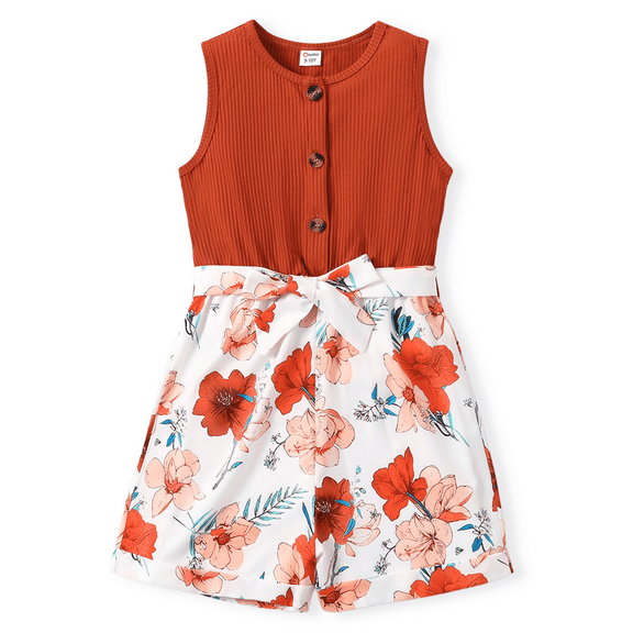 PatPat Kid Girl Summer Sleeveless Romper Floral Print Button Design Casual Jumpsuit